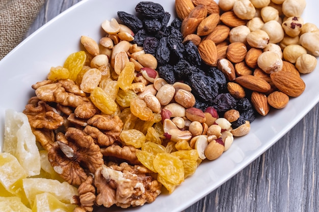 Top view mix nuts walnuts raisins peanuts and almonds