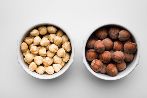 Top view of mixed nuts in bowls
