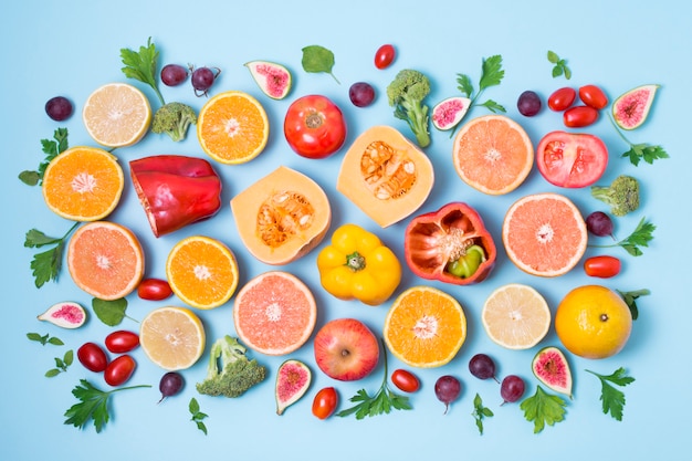 Top view mixture of fruits and vegetables