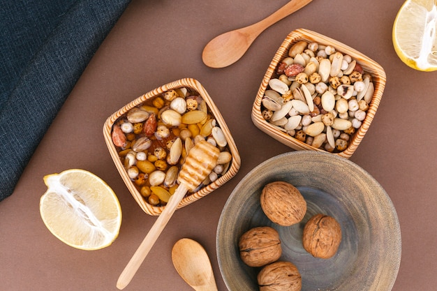 Top view mixture of nuts with lemon