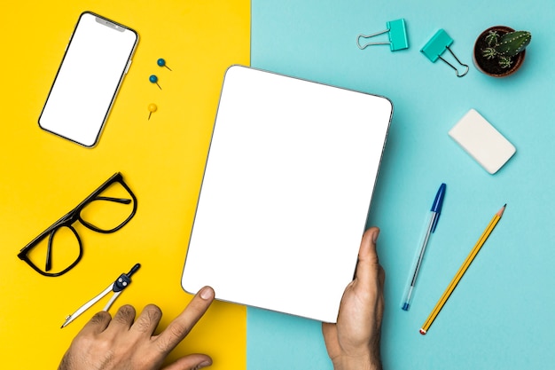 Top view mockup tablet on desk concept