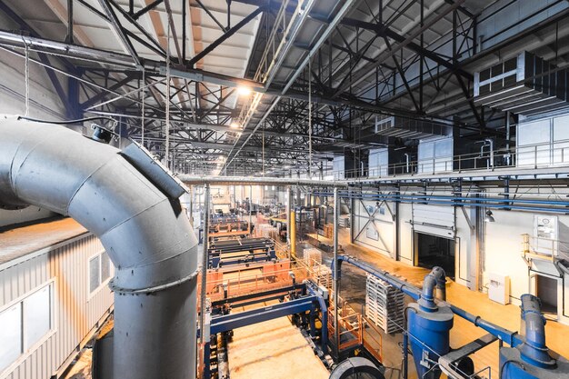 top view of modern operational plant producing fiberglass heavy industry machinery metalworking workshop concept