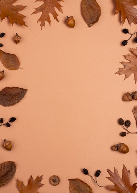 Top view of monochromatic assortment of leaves with copy space