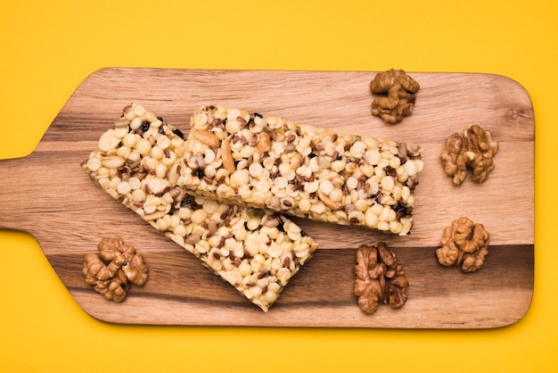 Top view of muesli bars on chopper