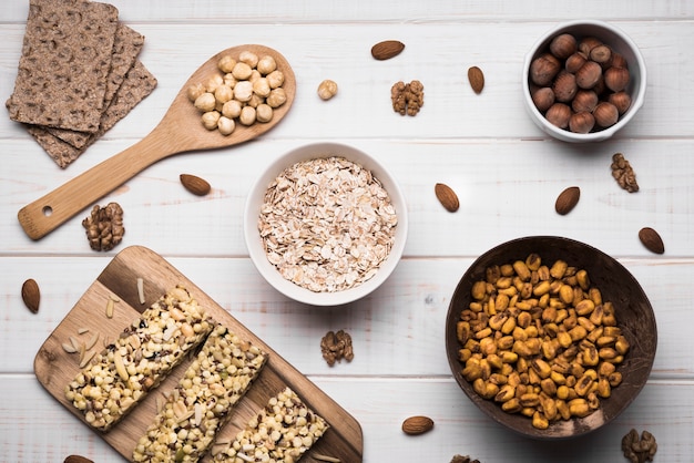 Top view muesli in a bowl with nuts