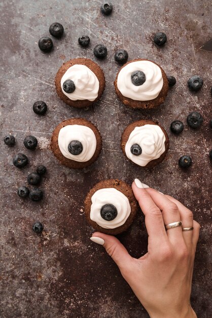 Top view muffins with blueberries