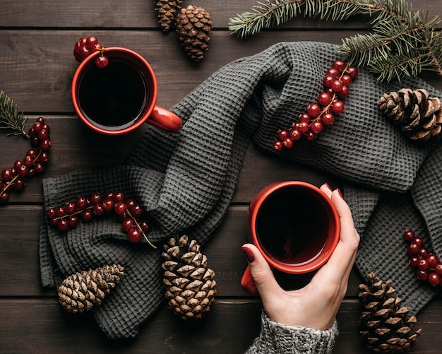 Top view mugs with hot drink