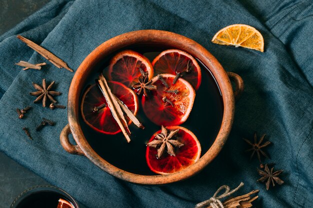 Top view mulled wine with anise and cinnamon