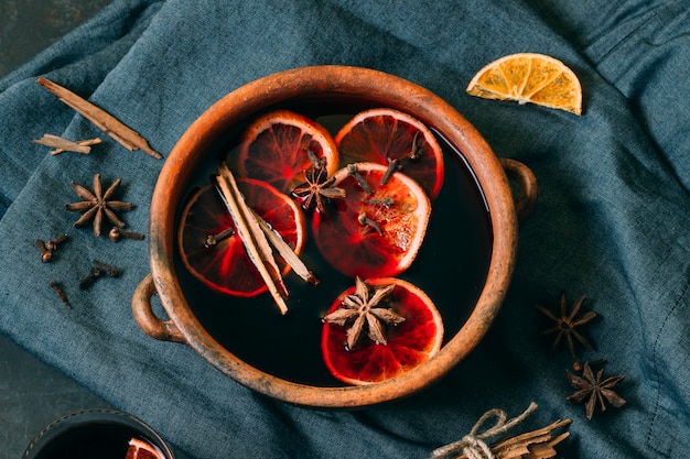 Top view mulled wine with anise and cinnamon