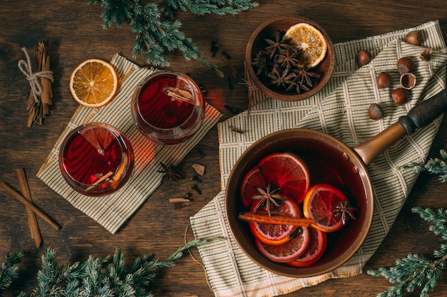 Top view mulled wine with star anise