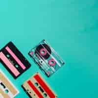 Free photo top view multicolored cassette tapes collection with copy-space