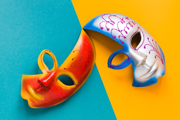 Top view of multicolored masks for carnival