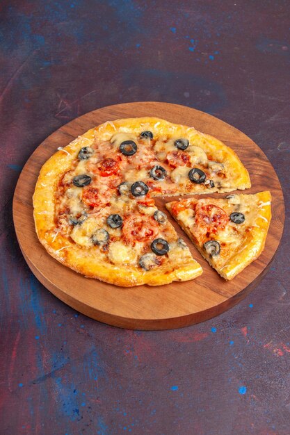 Top view mushroom pizza sliced cooked dough with cheese and olives on dark surface food italian pizza bake pastry dough meal