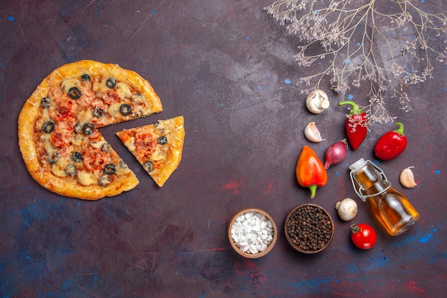 Top view mushroom pizza with cheese and olives on dark desk food italian pizza bake dough meal