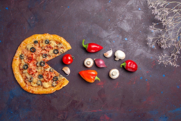 Top view mushroom pizza with cheese and olives on a dark surface food italian pizza bake dough meal