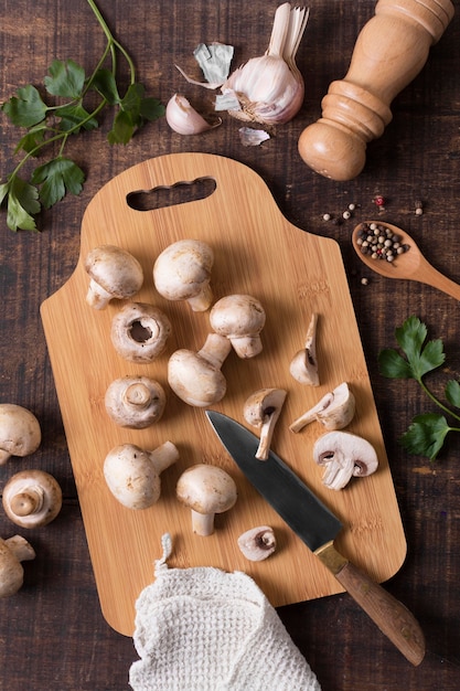 Top view mushrooms on cutting board