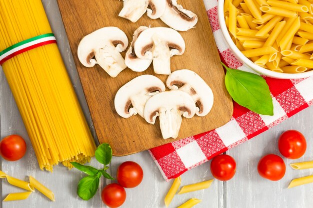 Top view of mushrooms and pasta
