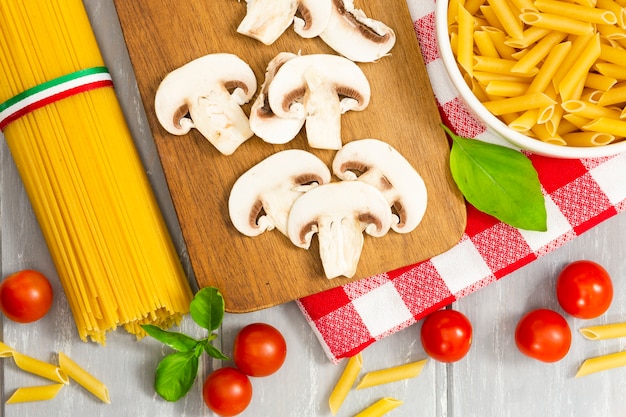 Top view of mushrooms and pasta