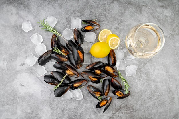 Top view mussels and champagne