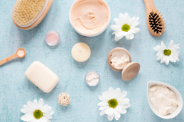 Top view of natural creams and soap