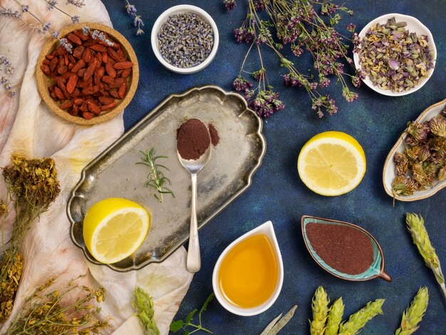 Top view of natural medicinal spices and herbs