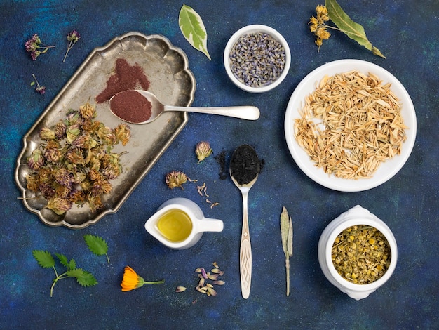 Top view of natural medicinal spices and herbs