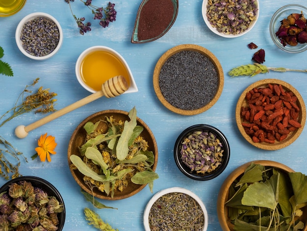 Vista dall'alto di spezie ed erbe medicinali naturali