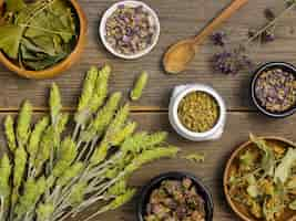 Free photo top view of natural medicinal spices and herbs