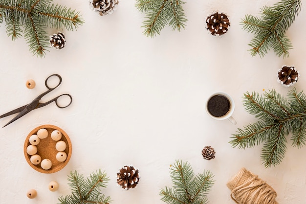 Top view natural pine needles and scissors