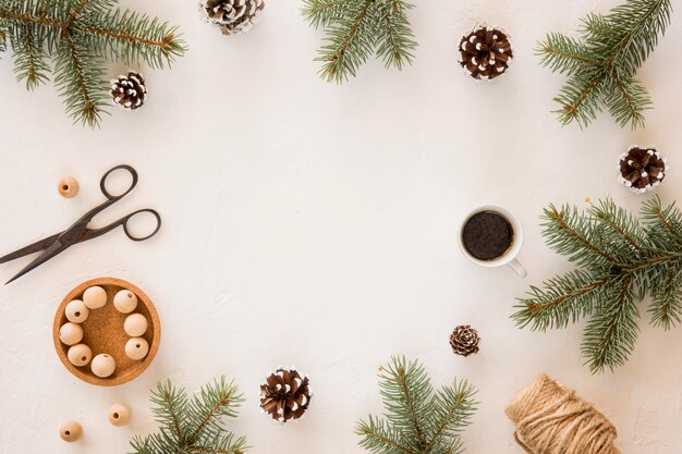 Top view natural pine needles and scissors