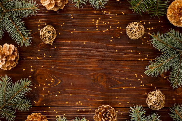 Top view natural pine needles and tiny yellow stars