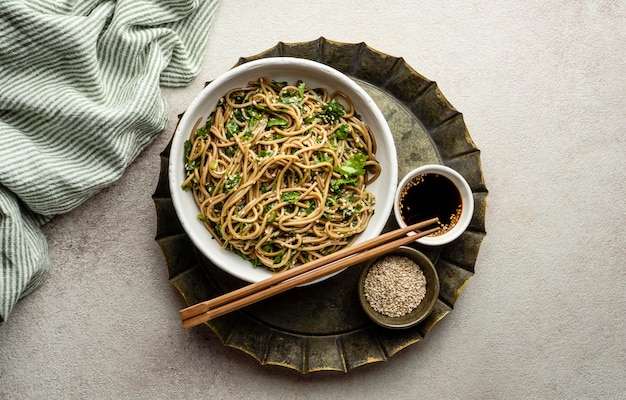 Top view noodles in a bowl assortment