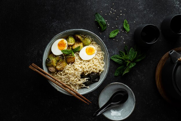 Top view noodles in a bowl assortment