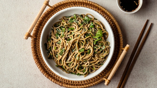 Top view noodles in a bowl composition