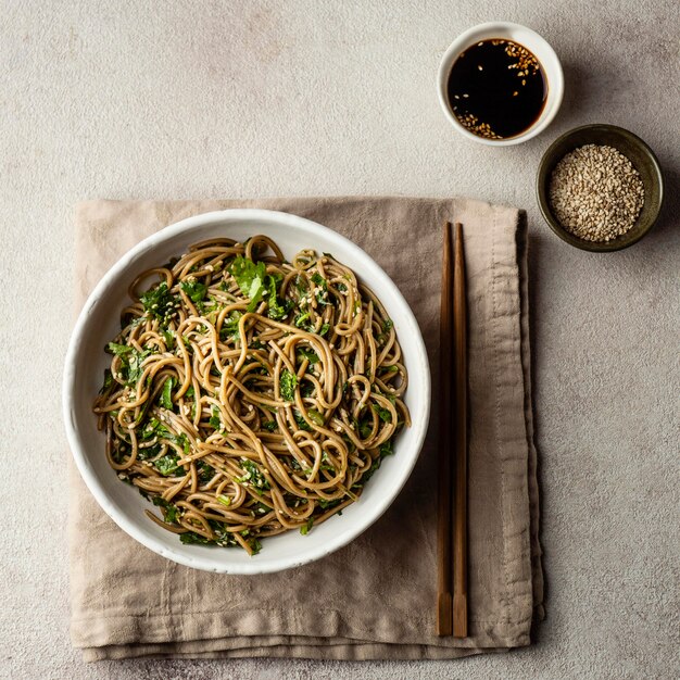 Top view noodles in a bowl composition