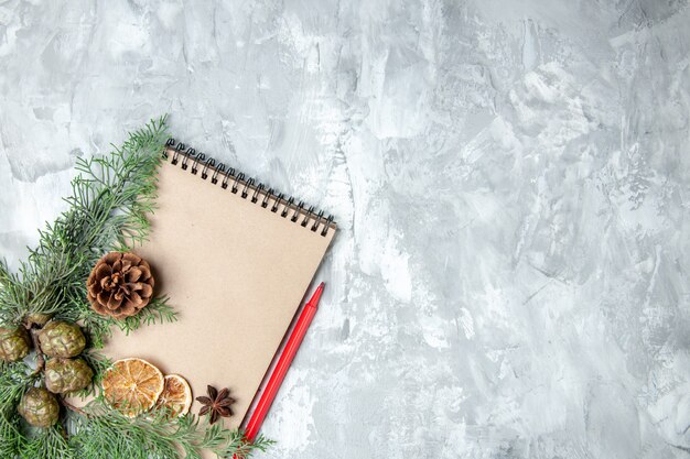 Top view notebook dried lemon slices anises pine tree branches red pencil on grey surface