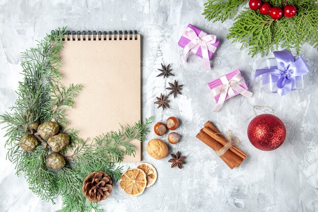 Top view notebook dried lemon slices anises pine tree branches walnut hazelnut cinnamon sticks on grey background