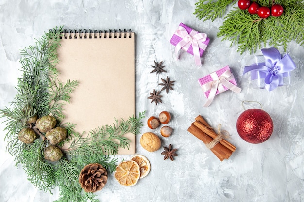 Top view notebook dried lemon slices anises pine tree branches walnut hazelnut cinnamon sticks on grey background