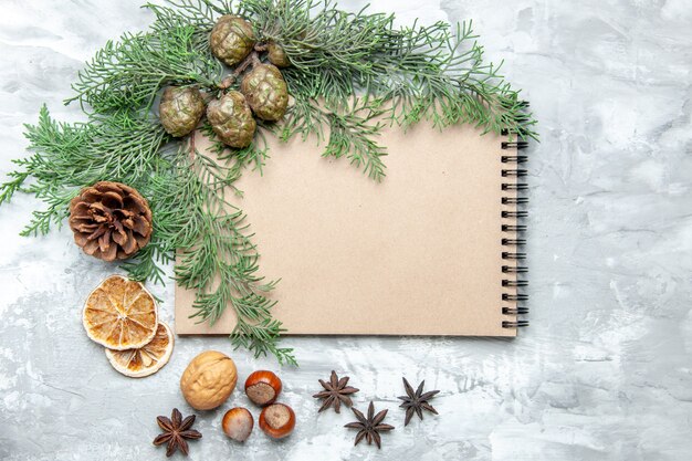 Top view notebook dried lemon slices anises pine tree branches walnut hazelnut on grey surface