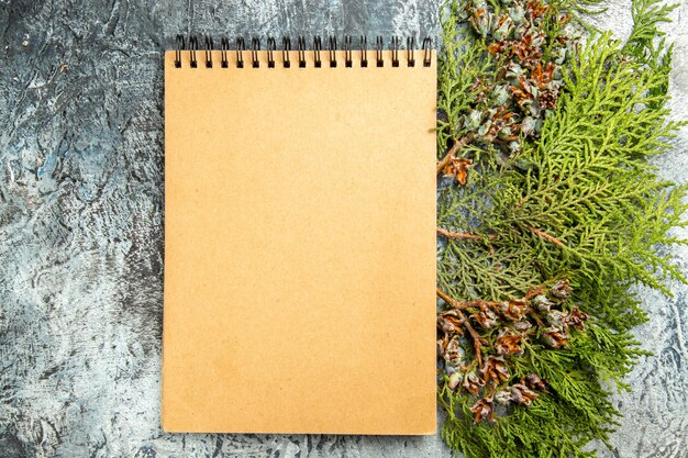 Top view notebook pine branch on grey background