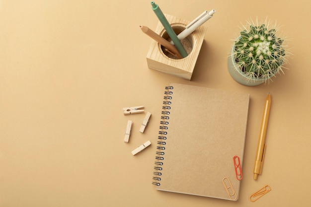 Top view notebook and plant pot