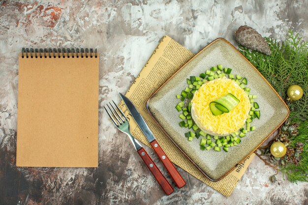 Top view of notebook and tasty salad served with chopped cucumber and knife fork on an old newspaper