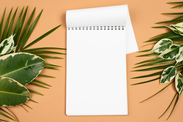 Top view of notebook with assortment of plant leaves