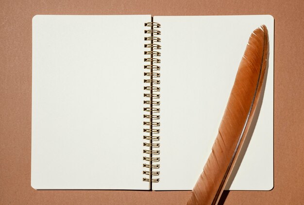 Top view of notebook with feather