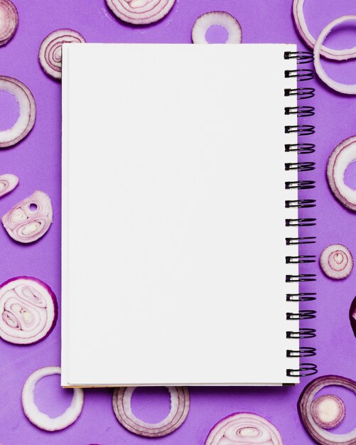 Top view notebook with sliced onion