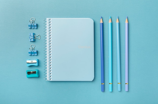 Top view notebook and writing tools