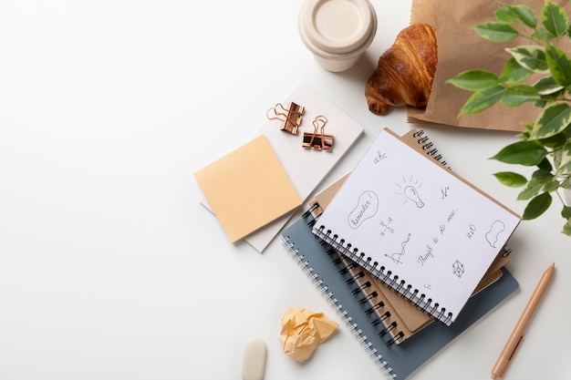 Top view notebooks and plant assortment