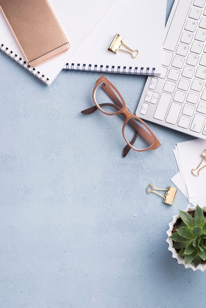 Free photo top view of notebooks with keyboard and succulent plant