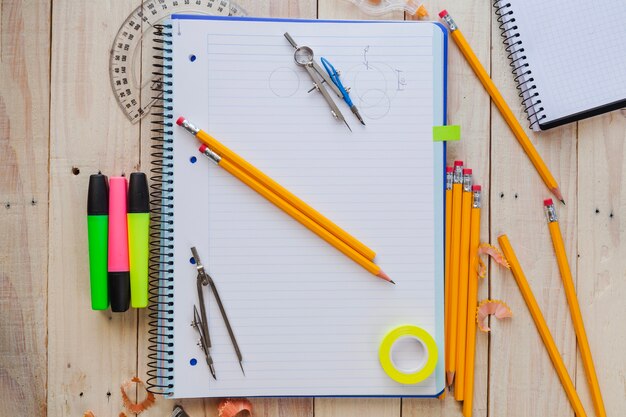 Top view of notepad and instruments