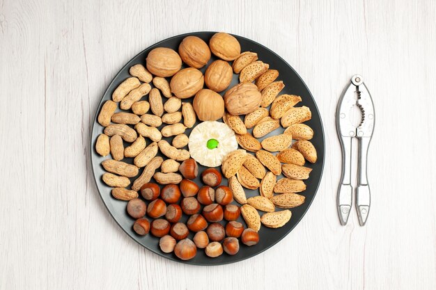 Top view nuts composition fresh walnuts peanuts and hazelnuts inside plate on white desk nut tree snack plant many shell